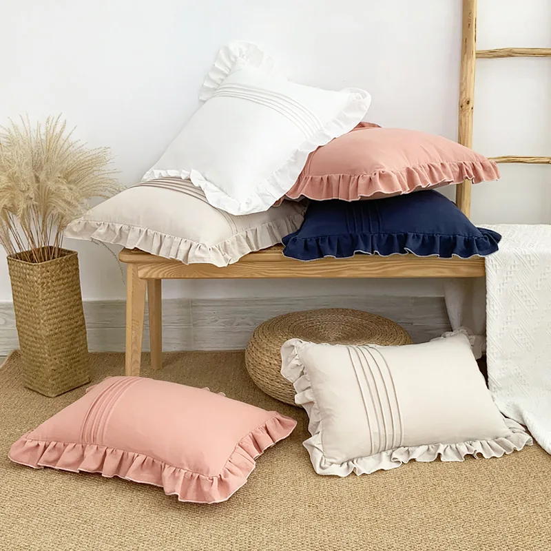 solid color cotton cushion cover pleated pillowcase lotus edge pillow cover