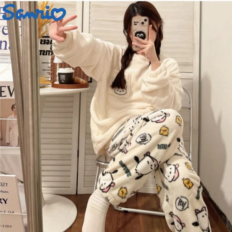 New Hello Kitty Coral Fleece Pajama Pants Sanrio Anime Cartoon  Soft Trousers Women Casual Home Trousers Kawaii New Year Gifts