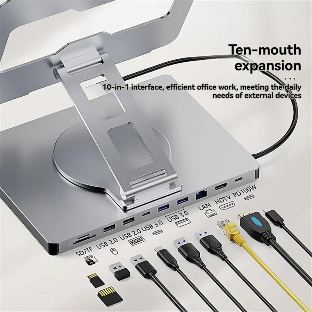 A10I 360° Rotatable 10 Ports Docking Station with USB Hub Card Reader RJ45 for Laptop Foldable Universal Bracket Holder