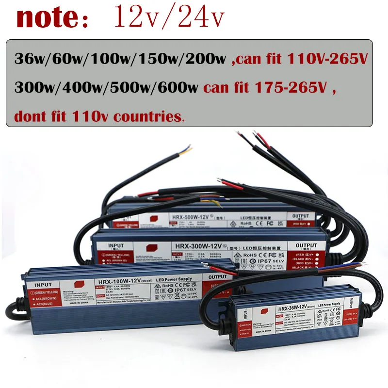 AC to DC 12V 24V IP67 Waterproof led strip Lighting Transformer Driver Outdoor Power Supply adapter 36/100/200/300/400/500/600W