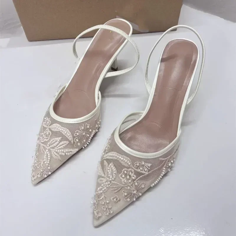 

Designer Embroidered Mesh White Stringbead Heeled Sandals Women Sexy Pointed Toe Slingback Mules High Heels Elegant Party Shoes