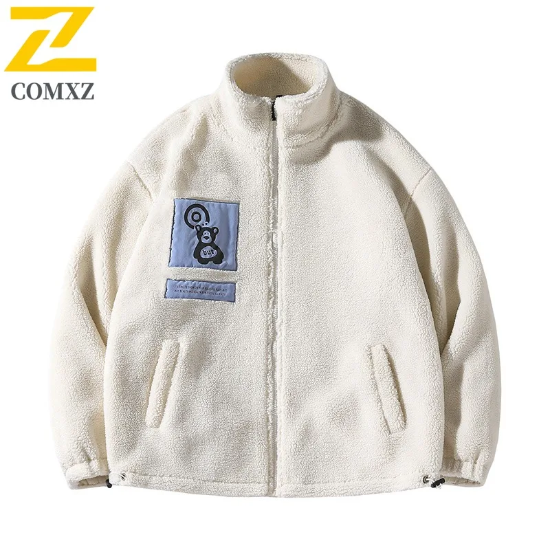 COMXZ 2025 Autumn Winter Men's Sherpa Lined Color Block Stand Collar Parka Coat Korean Style Streetwear Loose Fit Plus Size