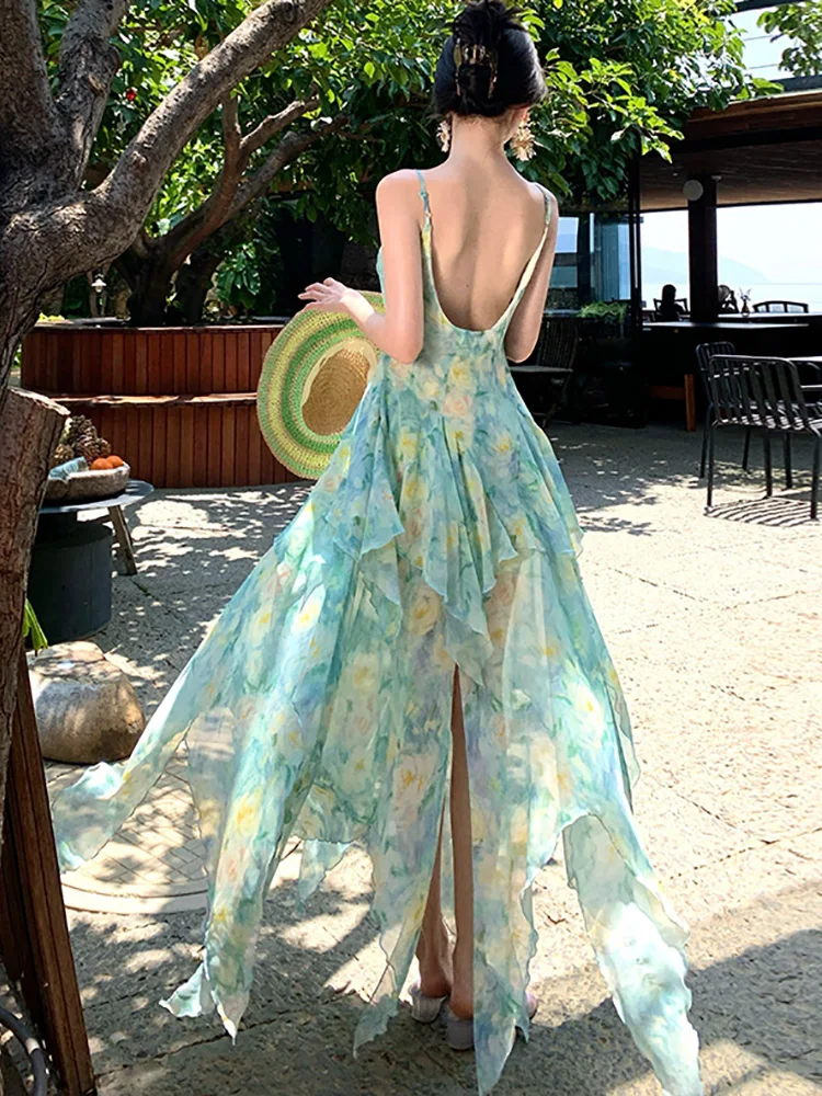 Summer Boho Green Floral Chiffon Ruffled Long Dress Women Fashion Chic Patchwork Lace Sling Dress 2025 Korean Elegant Prom Dress