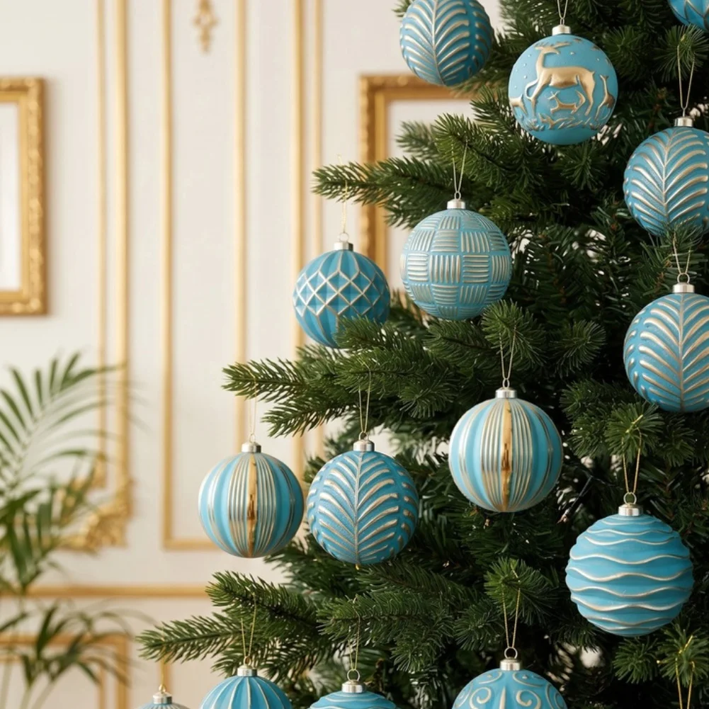 Blue Gold Christmas Ornaments 8cm 12pcs Set Polystyrene Baubles Elegant Holiday Tree Hanging Decor For Home Party Festival Decor