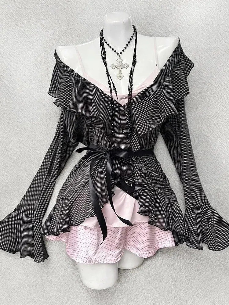 Setelan Pakaian Wanita Korea Gaya Vintage Musim Panas, Cardigan Panjang Terbuka dengan Tali, Rok, dan Kaos