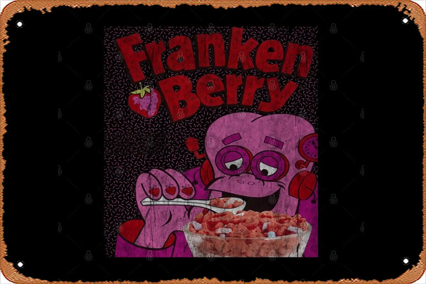 Letrero de estaño Retro Franken Berry Cereal Vintage divertido novedad carteles de Metal hombre cueva señales humorísticas películas música Bar arte Poste-aluminu