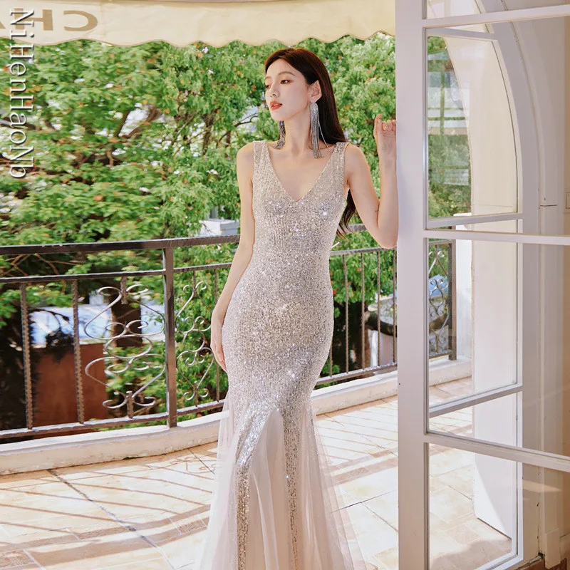 Sparkly Mermaid ชุดเจ้าสาวสําหรับผู้หญิง V คอ Patchwork Vestido De Casamento