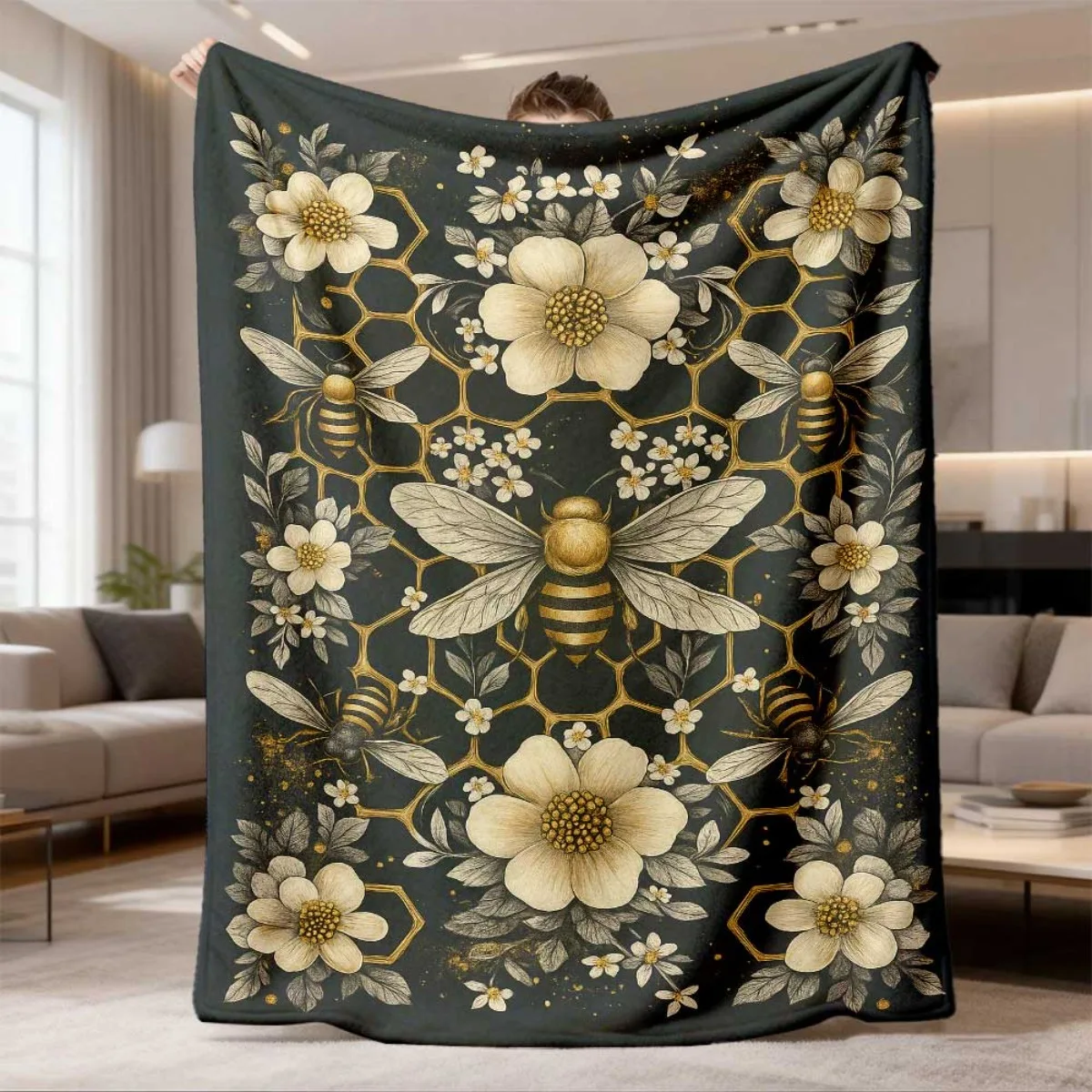 Vintage Wild Flower Bumblebee Throw Blanket for Living Room Sofa Cozy Time Birthday Anniversary Spring Family Memento