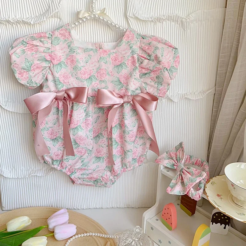 Summer Newborn Baby Girl Romper+Hair band Short Sleeved Cotton Floral Printing Toddler Baby Girls Jumpsuit Children Clothes