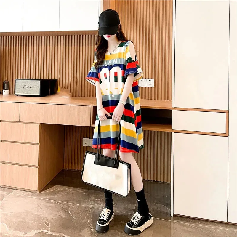 Estate Femme girocollo strisce colorate abiti lunghi donna stili medio lunghi T-shirt maxi abito da donna manica corta abiti