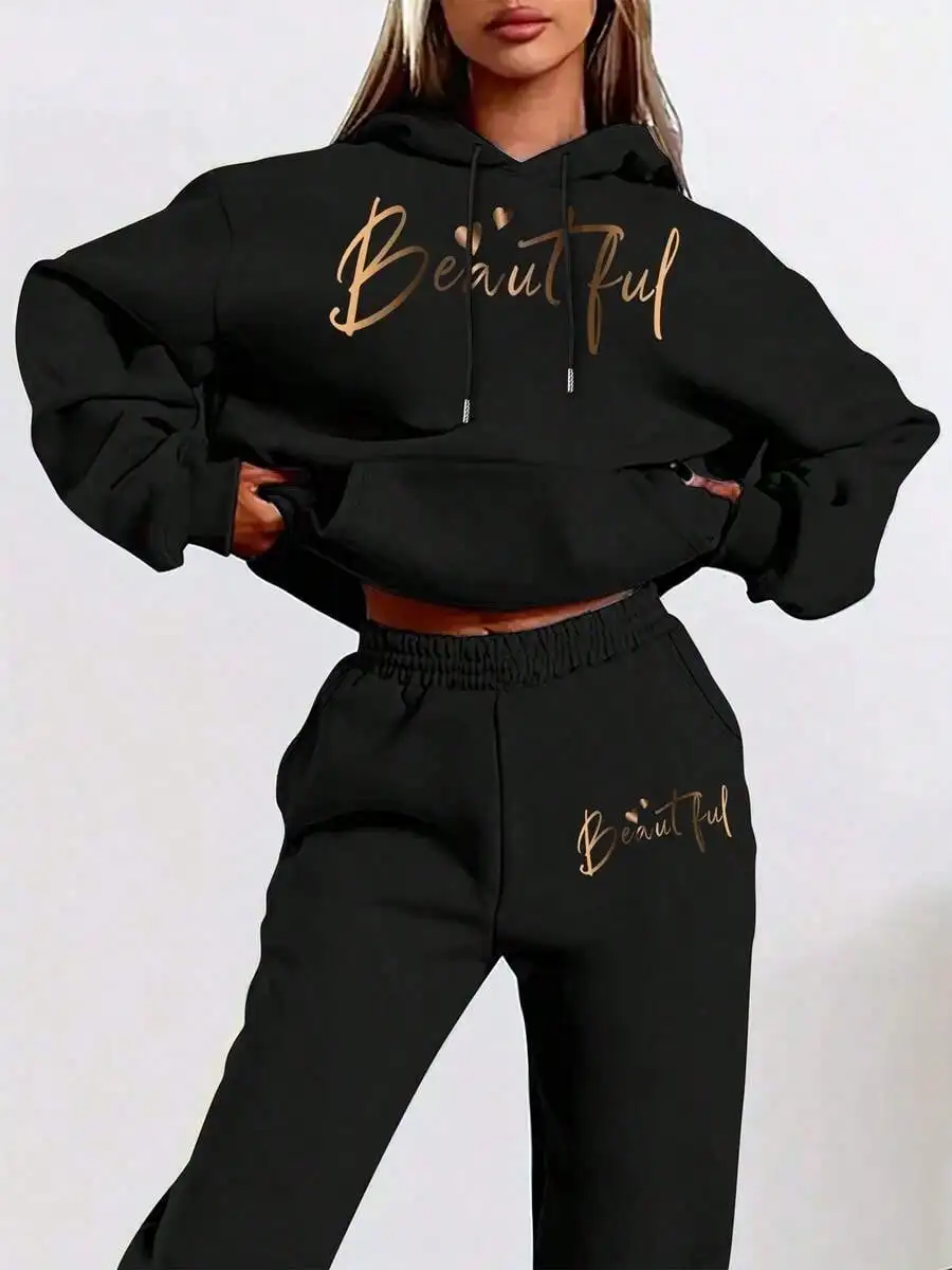

Black Cropped Hoodie with Gold Script Print, Loose Fit Sweatshirt for Women