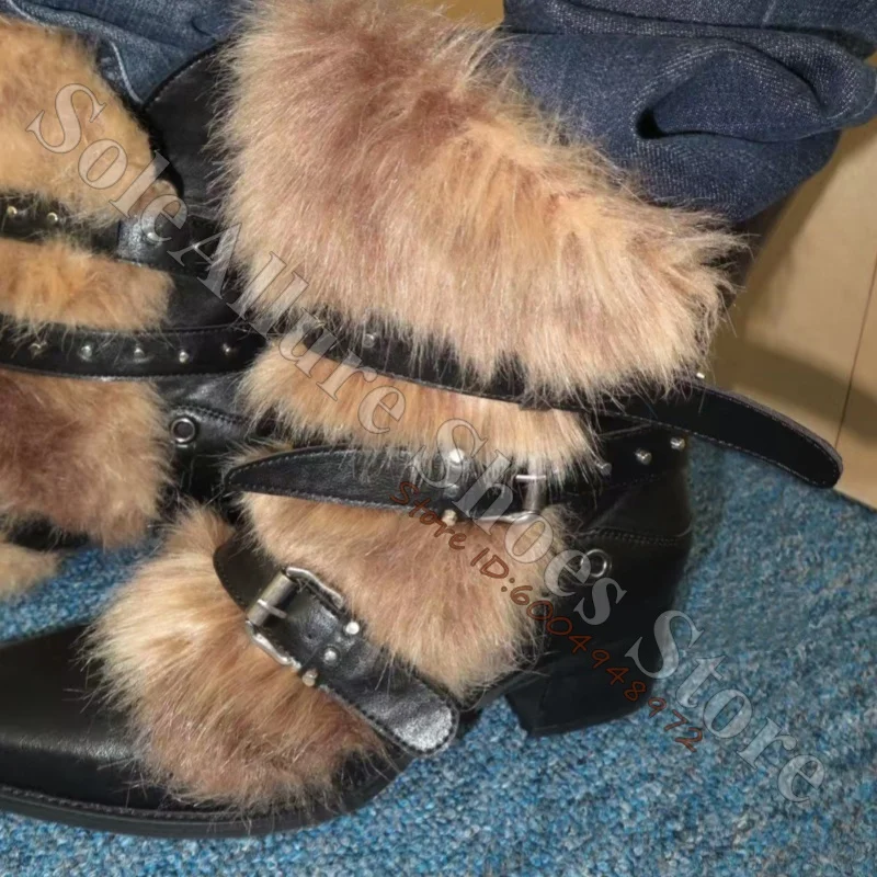 Black Leather Mid Calf Winter Boots Women Brown Faux Fur Multi Strap Rivet Buckle Pointed Toe Block Heel Punk Warm Casual Boorts