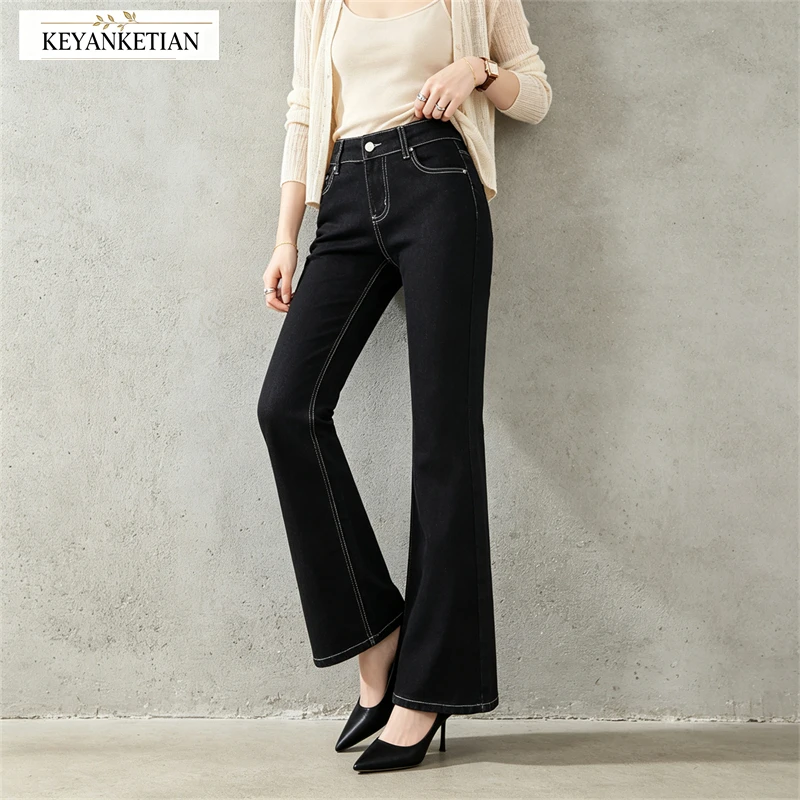 KEYANKETIAN 2026 Autumn American Vintage Low Waist Flare Jeans Women Contrast Stitch Slim Long Raw Denim Bootcut Trousers
