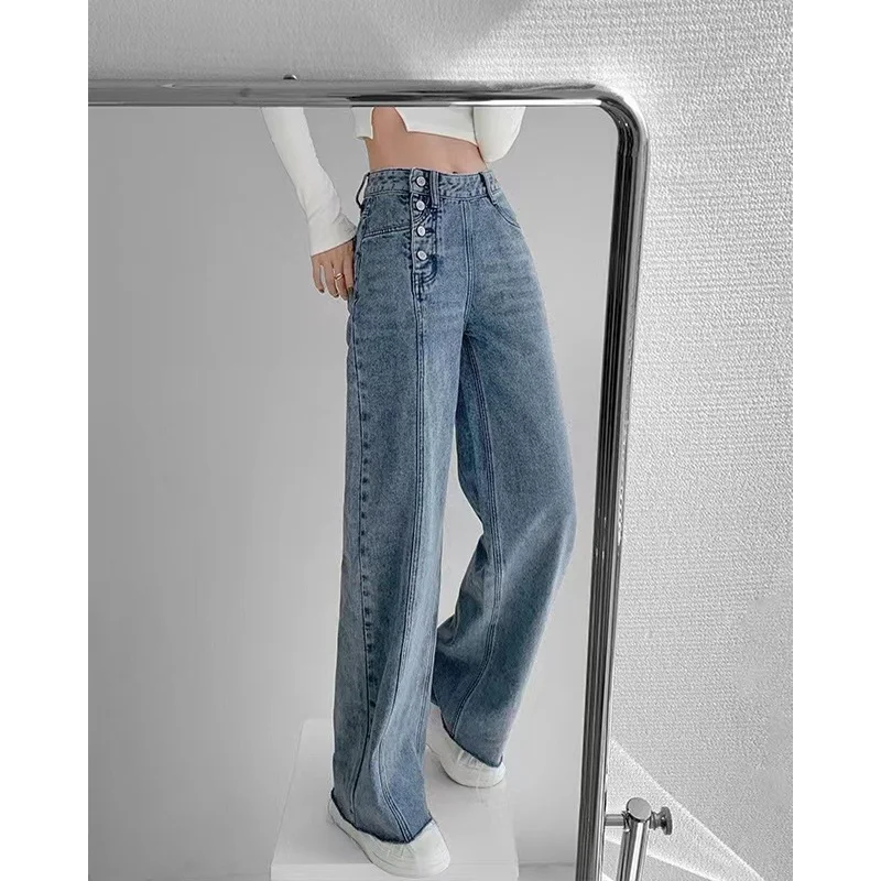 Irregular breasted high waisted jeans women's Raw edge straight leg pants Draping floor mop pants