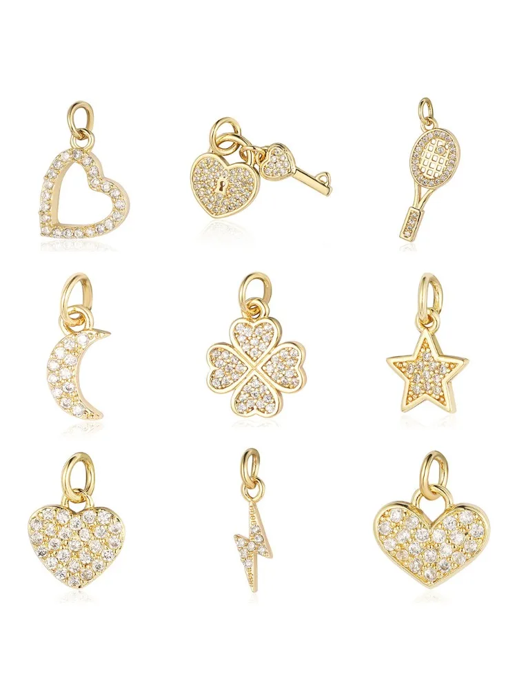 5 stks/partij Ster Hart Sleutel Koper Kubieke Zirkoon Charms Clover Lightning Hoefijzer Racket Maan Armband Oorbel Ketting Hanger - afbeelding 2