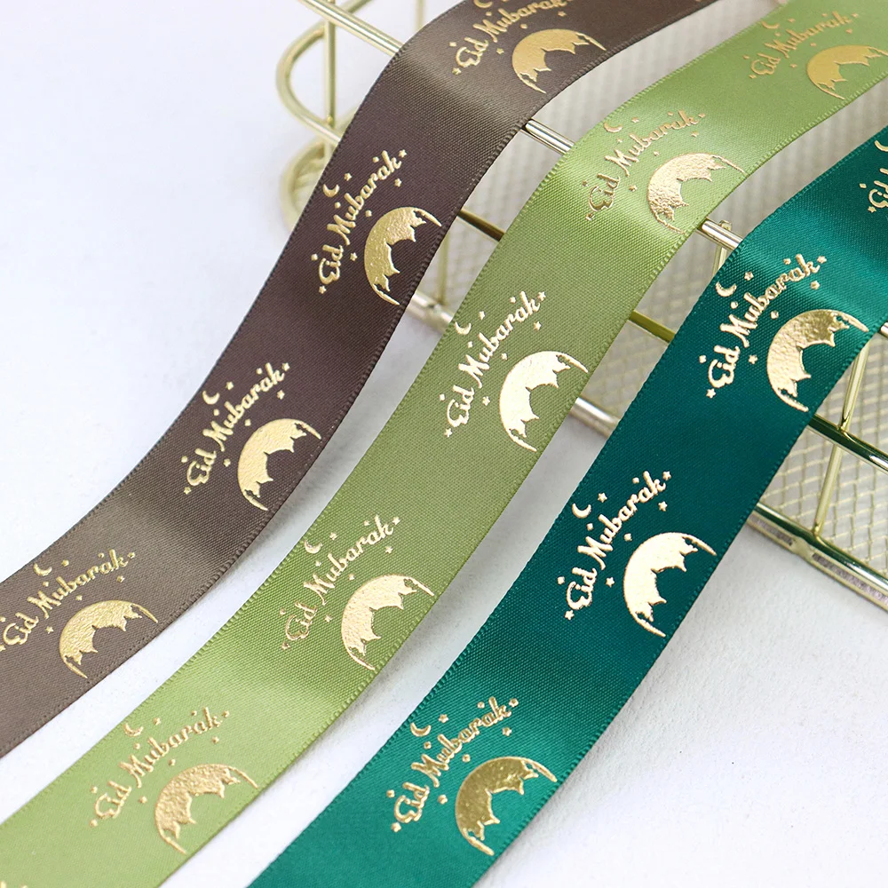 Wholesale 25mm 38mm Gold Foil Eid Mubarak Printed Satin Ribbon For Muslim Al-Fitr Party Supplies Decoration Candy Box Packing