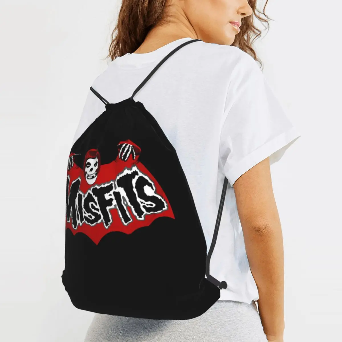 Bat Skull Misfits Skull Mesh Backpacks Fashion Drawstring Bundle Pocket Storage Bag Book Bags for Travel Students