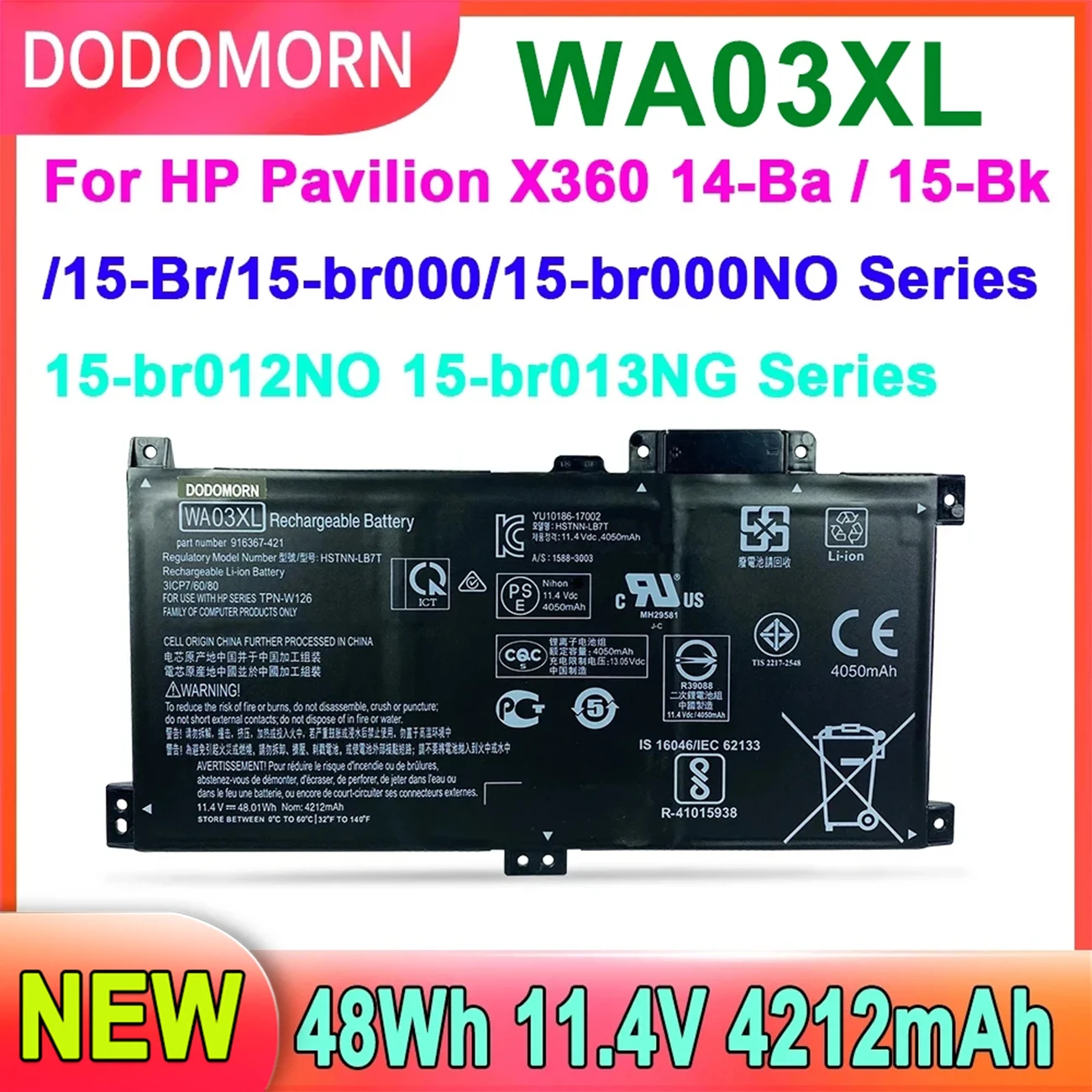 

DODOMORN WA03XL Laptop Battery For HP Pavilion X360 14-Ba 15-Bk 15-Br Serie HSTNN-UB7H TPN-W126 916367-541 HSTNN-LB7T 916367-421