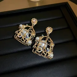 Korea studded digital birdcage pearl earrings S925 silver needle feminine niche luxury design sense earrings