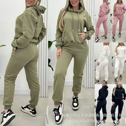 Women 2 Piece Outfits Lounge Kangaroo Pocket Design Fleece Lined Hoodie Jogger Cuffed Sweatpants Tracksuit Sweatsuit Set