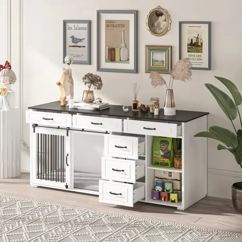 Wooden Pet House Furniture Feeding Station Food Storage Cabinet with Six Drawers Two Compartments Dog Crate for Home Use