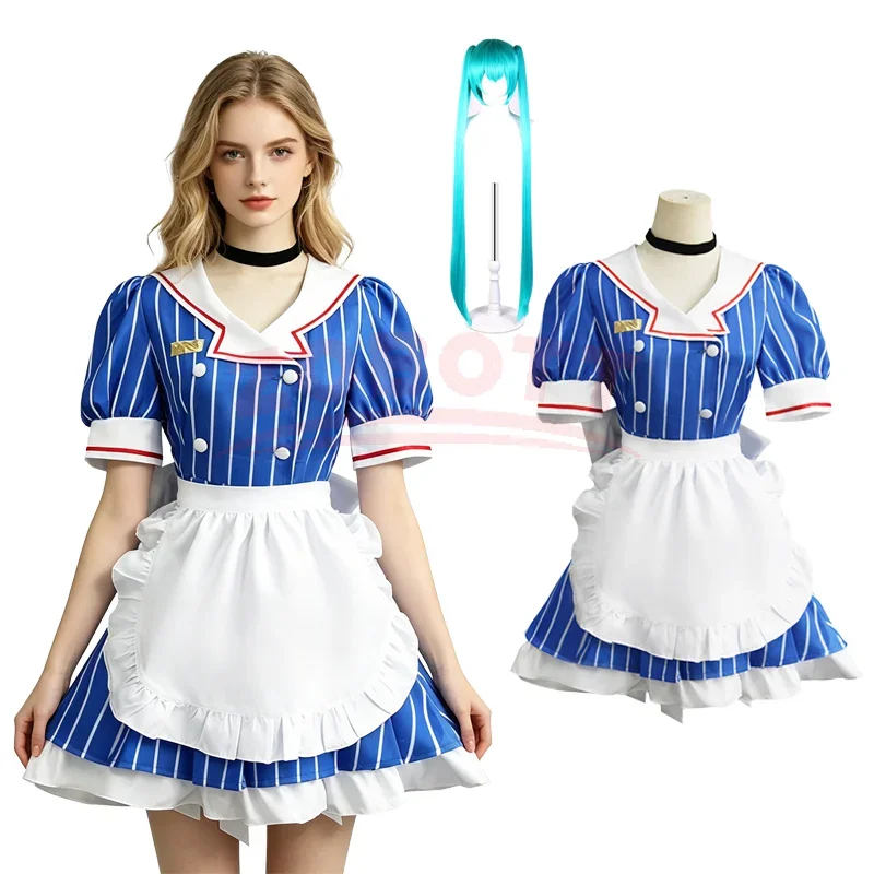 Uniforme Anime Mesmerizer pour femmes, robe de demoiselle d'honneur rayée, costumes de Cosplay Miku, chapeau, tablier, costume pour femmes, fête de carnaval d'halloween