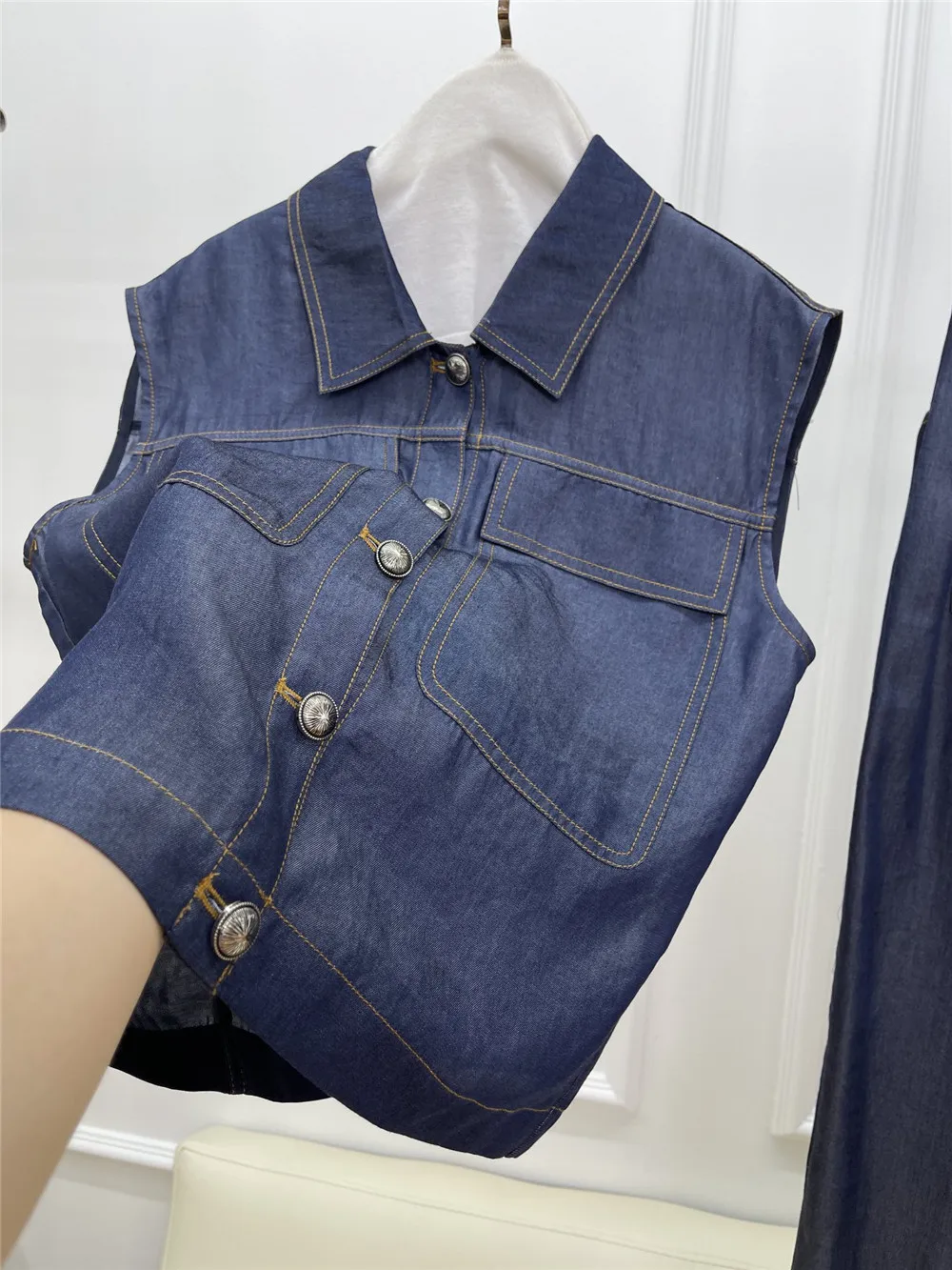 Women's Silk Denim Suit temperament Denim Vest Top+ Half-Skirt Female two-piece Set