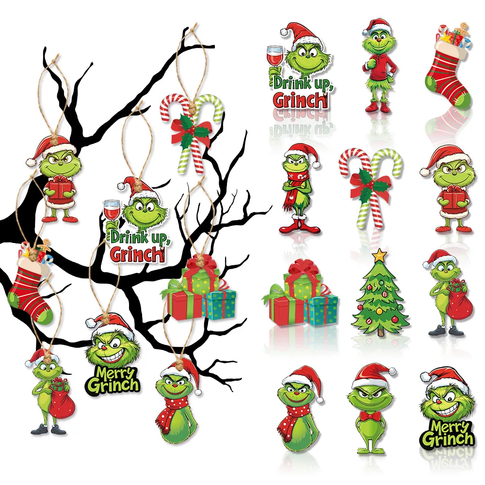 18 Uds. De adornos acrílicos 2D para árbol de Navidad, monstruos verdes, lindos colgantes para árbol de Navidad, adornos navideños de dibujos animados