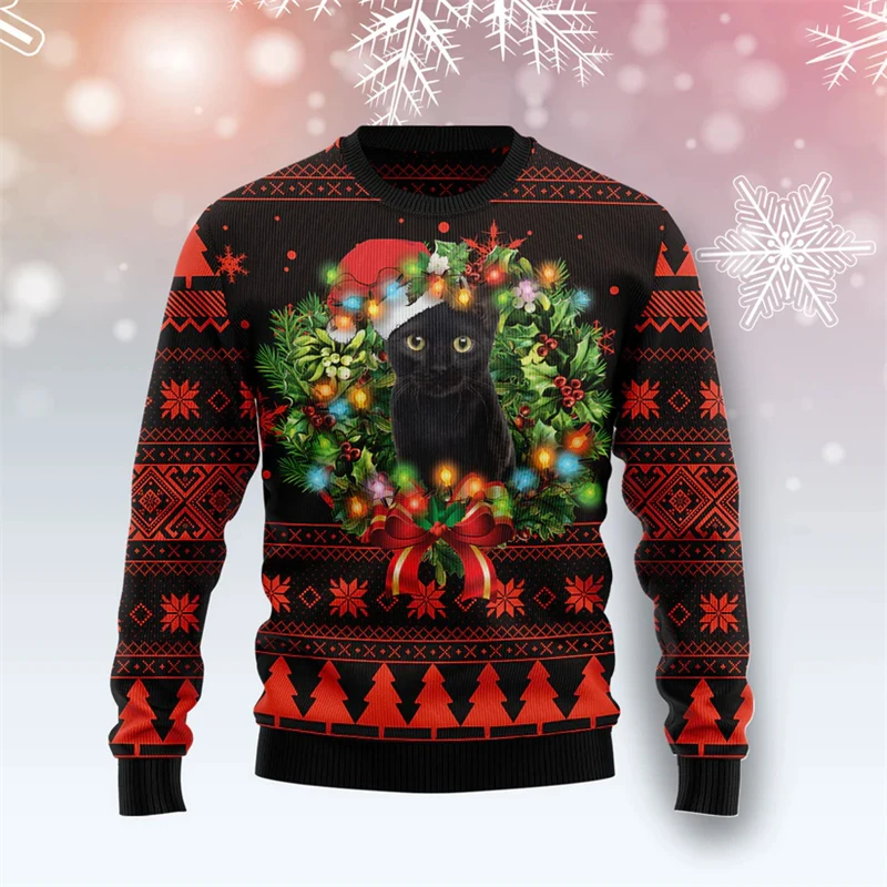 2026 جديد مضحك القط نمط عيد الميلاد بلوزات موضة الخريف Crewneck ثلاثية الأبعاد مطبوعة عيد الميلاد سترة قبيحة عادية المتضخم البلوفرات