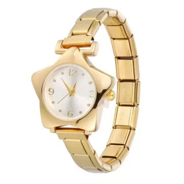Sweet Star Shape Ladies Wristwatch Silver Gold Color Italian Charm Steel Module Strap Dial Analog Quartz Daily Dress Women Watch