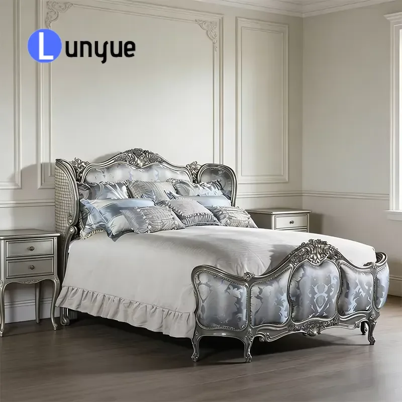 Classic French Queen Bed Deluxe Blue Fabric Headboard Superior Villa Furniture Elegant Bedroom Decor Comfortable Sleeping