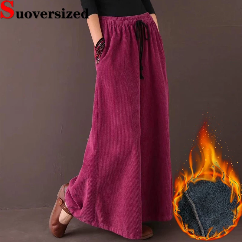 

Thicken Corduroy Wide Leg Pants High Waist Warm Ankle-length Pantskirt Oversized 80kg Plush Spodnie Casual Baggy Women Pantalone