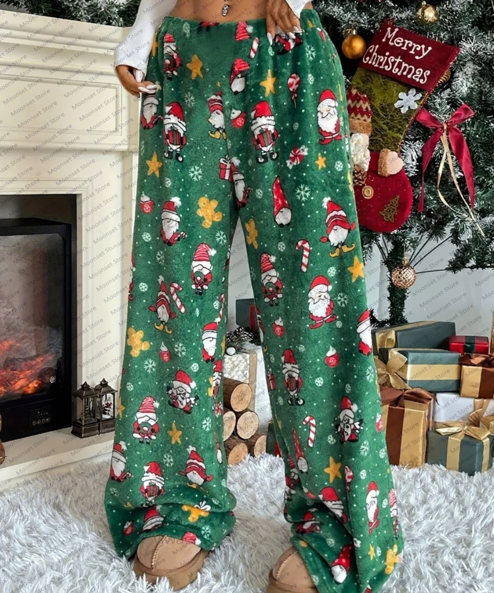 Women's Christmas Santa Trousers Claus Flannel print Pajama Pants loose plush pants Loose Pajama Trousers Women Clothing