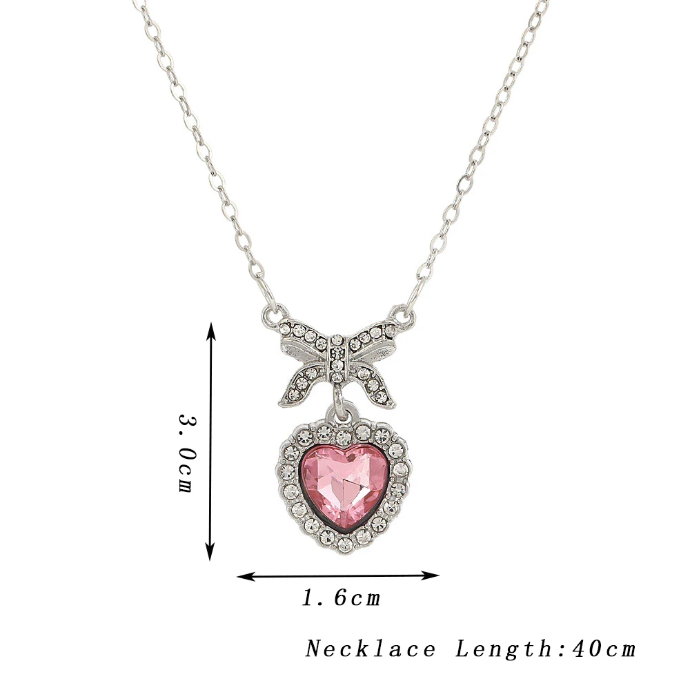 Sweet Pink Rhinestones Heart Pendant Necklace for Women Trendy Clavicle Chain Elegant Bow Knot Charms Chokers Neck Jewelry Gifts
