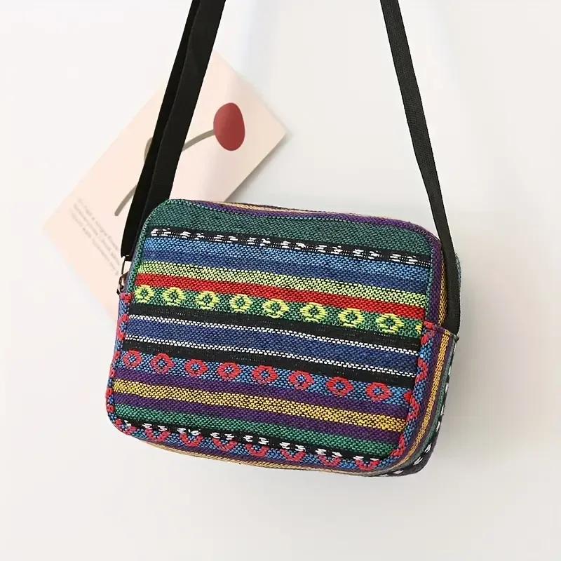 Vintage Colorful Striped Pattern Square Bag Zipper Crossbody Bag Women\'s All-Match Purse Multiple Compartment Large Capacity