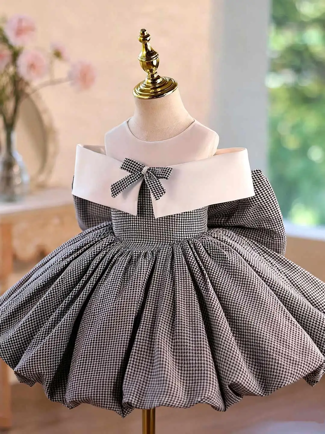 Dreamy Vow D004 Houndstooth Toddler Girl Dress Puff Sleeve Oversized Collar Bow Princess Gown Kids Birthday Party Outfit