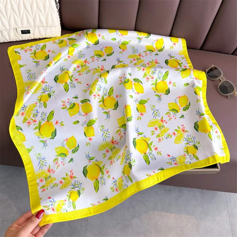 Luxury ​​Women's Summer 70x70cm Square Silk Scarf Lemon Printed with Flowers Scarves Hair Band Yellow Shawl Bandana Hijab Wrap