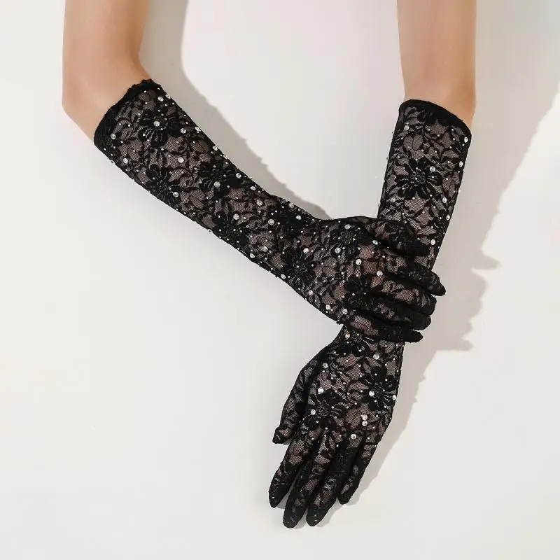 

Lace Gloves Fashion Breathable Thin Gloves Black Simple Sunscreen Flash Drill Gloves Riding Driving Printing Gloves C026