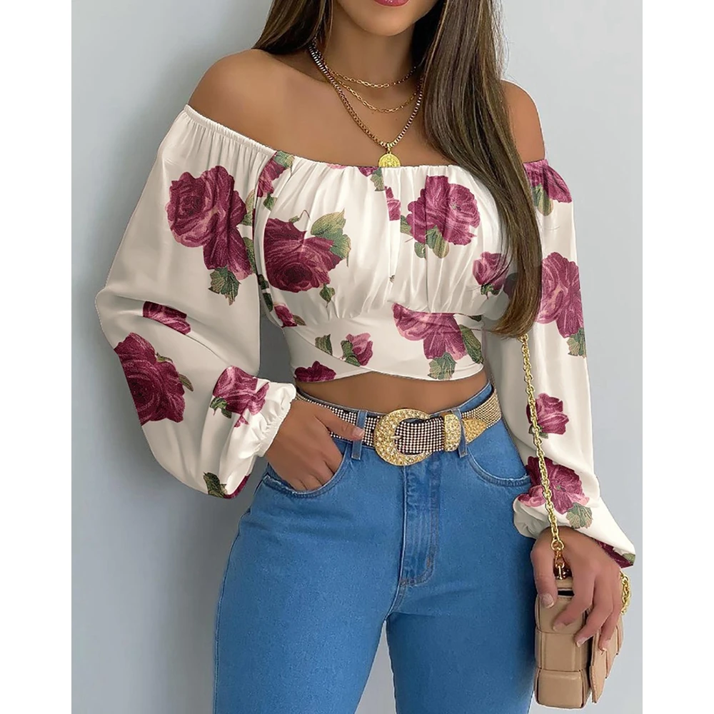 

2024 Spring Summer Casual Shirt for Women Flower Print Sexy Off Shoulder Crop Tops y2k Femme Elegant Long Sleeve Lolita Blouse