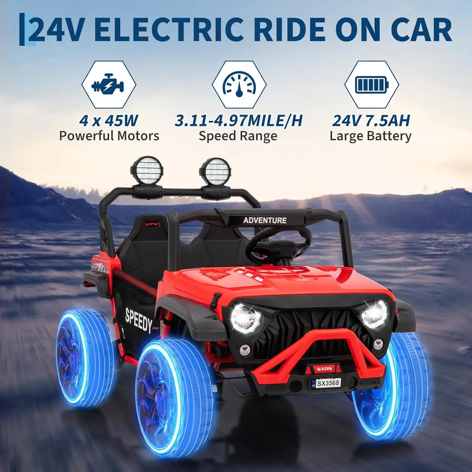 2 Seater Ride on Car for Kids, 24V 4WD Kids Electric Vehicles Ride on Toys with RC/Spring Suspension/LED Lights/Music, 3 Speeds