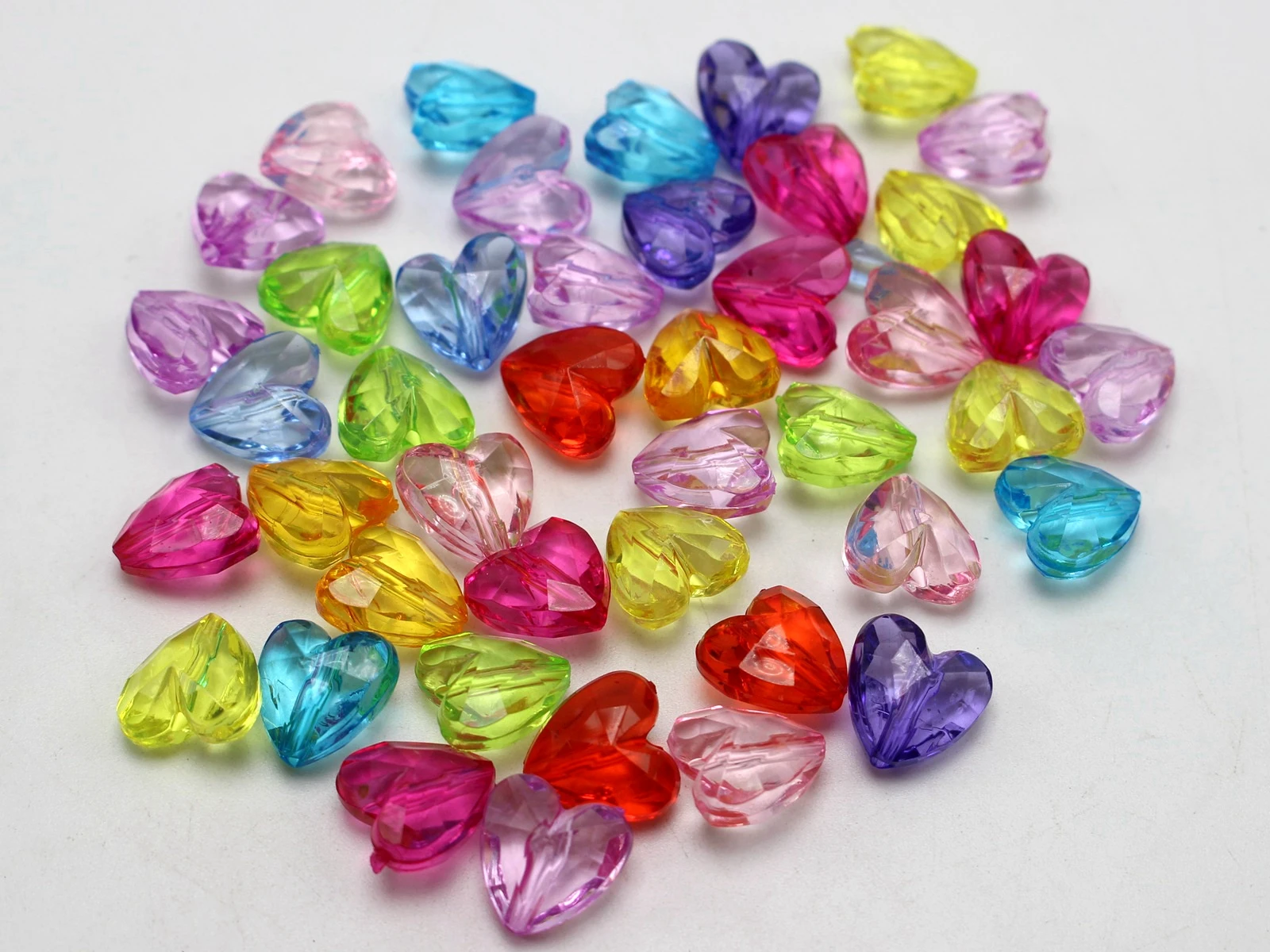 100 Mixed Color Transparent Acrylic Faceted Heart Charm Beads 12X12mm