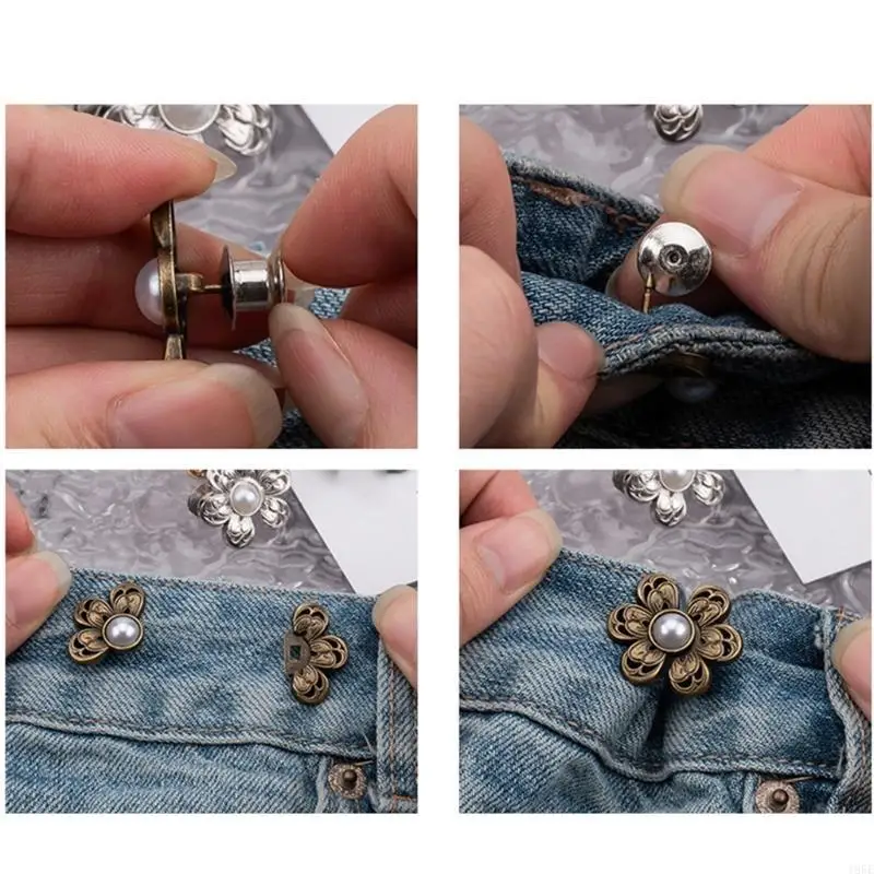 

195E Pearls Flower Waist Tightener 3Pcs Plated Nonsewing Removable Button For Women and Girl Waist Decorative Accessories