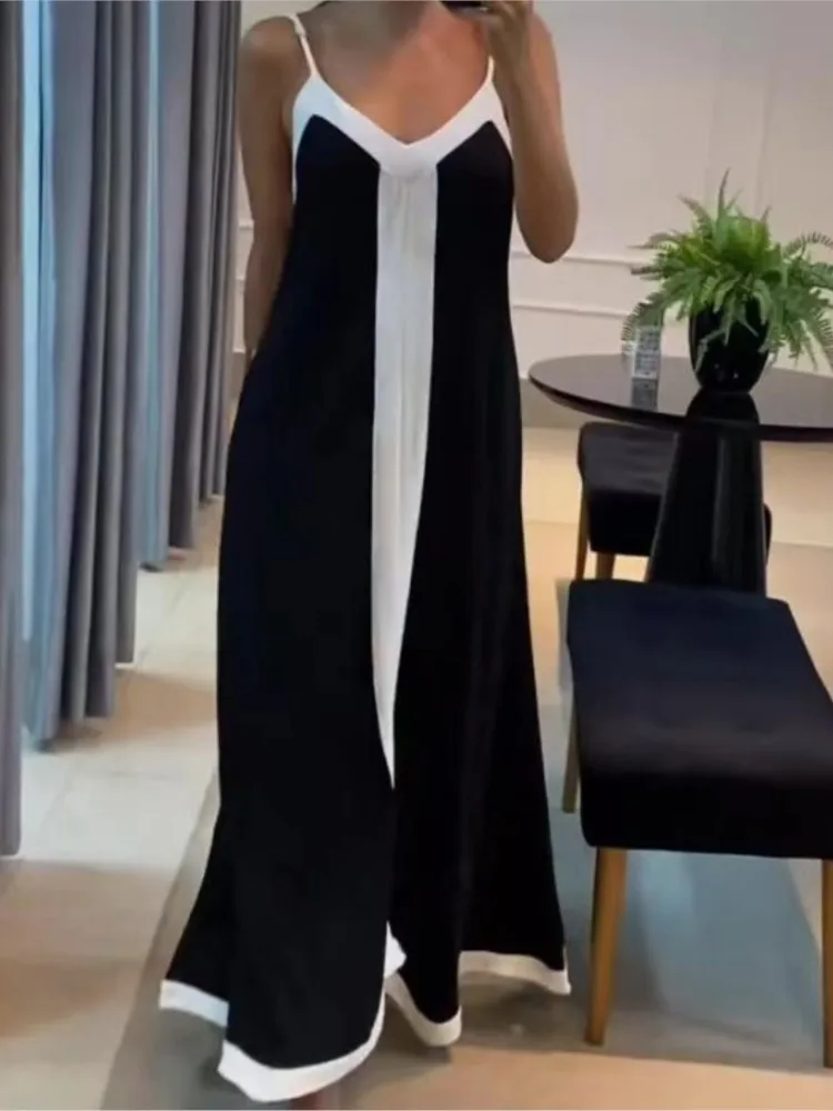 

Women Casual V Neck Long Dress Summer Sexy V Neck Spaghetti Strap Loose Party Dresses Elegant Backless Sleeveless Maxi Dresses