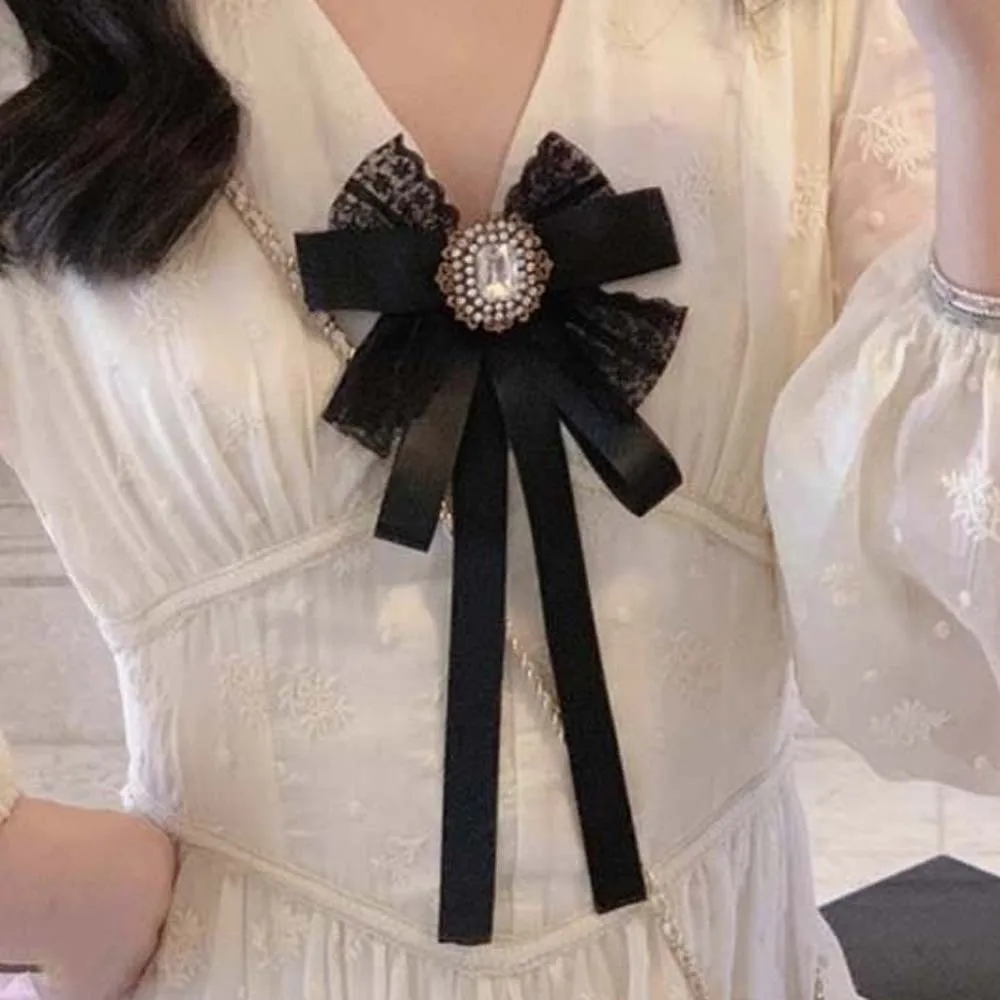 Elegante strass perle cravatta nappe cravatta di pizzo con perline nere a mano stile accademico spilla decorazione camicia cravatta studenti