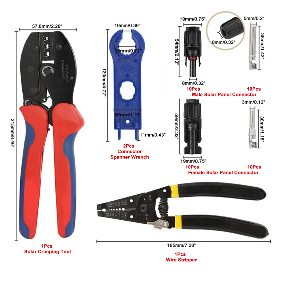 MC4 Solar Crimping Pliers Tools Kit for 2.5-6mm²/AWG26-10 Solar Panel PV Cable with 10 Set Male&Female Connectors Termianls Sets