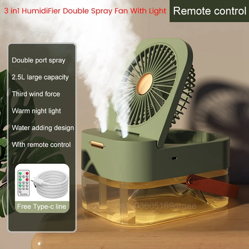 Humidificateur portable 3 en 1, ventilateur à double pulvérisation, refroidisseur d'air, USB, lampe de bureau, ventilateur d'hydratation d'été