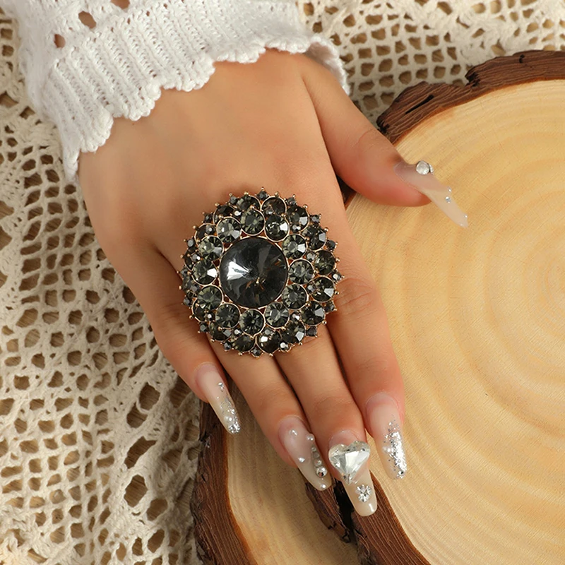 

Unique Boho Crystal Stone Ring Big Round Rings For Women Vintage Female Wedding Party Jewelry Birthday Gift
