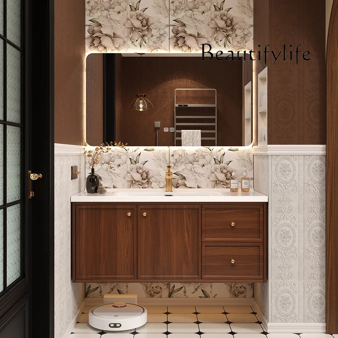 

10 Medieval walnut bathroom cabinet Corian integrated rock slab seamless ceramic hand wash basin