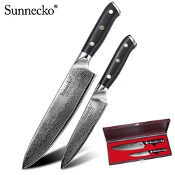 SUNNECKO 2PCS Damascus Steel Kitchen Knives Set 8'' Chef 5'' Utility Knife Wooden Gift Box Japanese Style Slicer Meat Fruit Tool