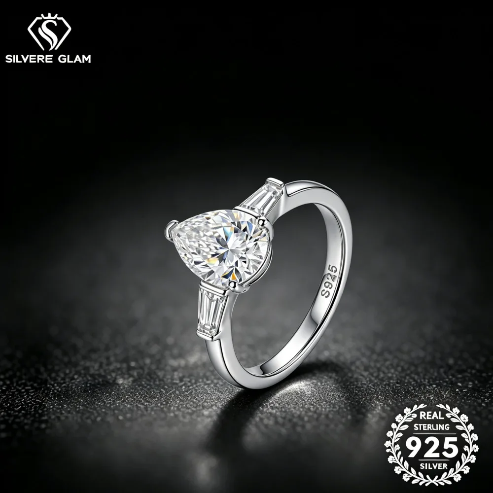 2CT Pear Cut Three Stone D VVS1 Moissanite Ring 925 Sterling Silver Baguette Accent Engagement Bridal Ring For Women